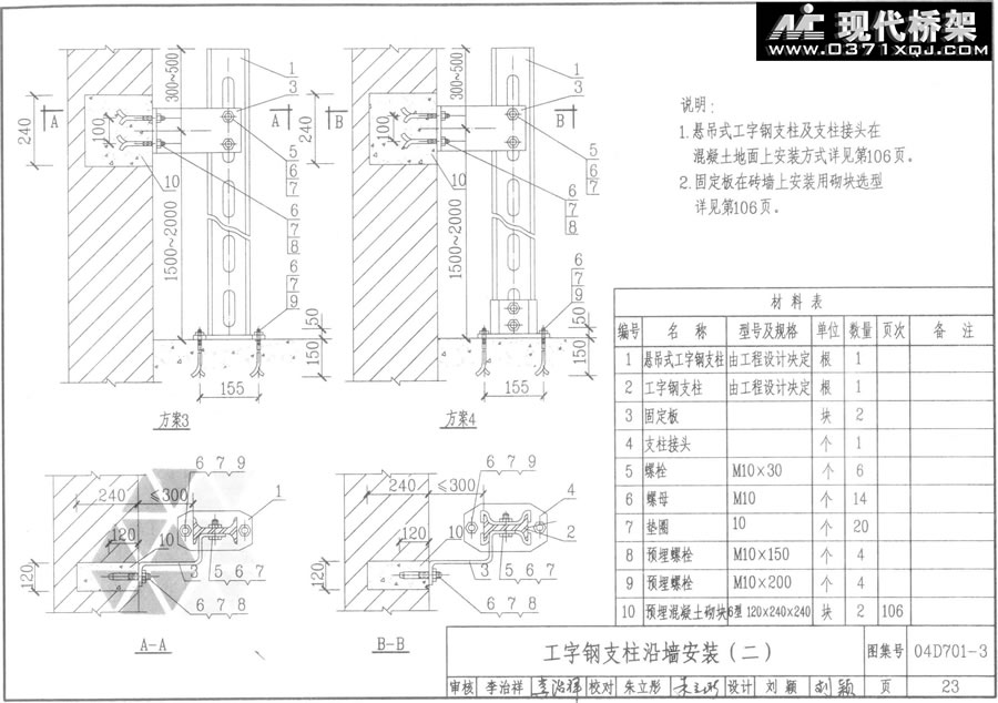 工字钢支柱沿墙安装（二）