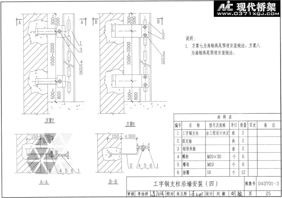 工字钢支柱沿墙安装（四）- 角钢燕尾预埋安装做法